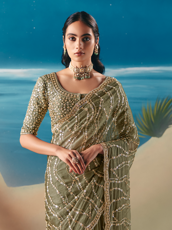 Sage Green Designer Organza Silk Saree