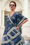 Charcoal Blue Mul Mul Silk Saree