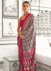 Cherry Red Ajrakh Satin Crepe Saree