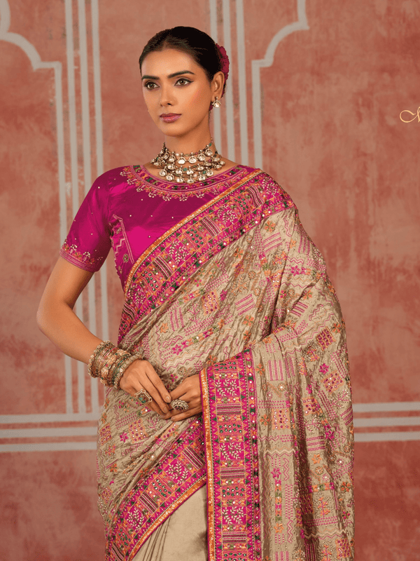 Chiku Beige Embroidered Designer Satin Silk Saree