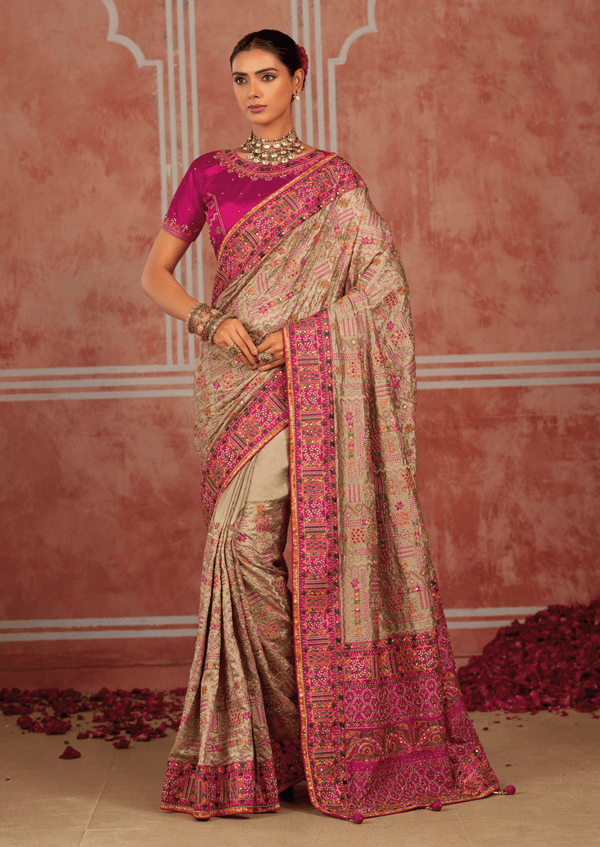 Chiku Beige Embroidered Designer Satin Silk Saree