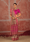 Chiku Beige Embroidered Designer Satin Silk Saree