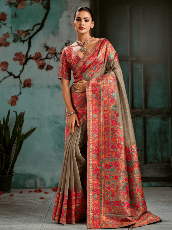 Chiku Beige Kashmiri Cotton Silk Saree With Contrast Blouse
