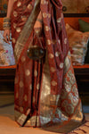 Chocolate Brown Tanchoi Handloom Weaving Satin Saree