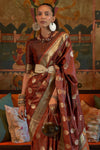 Chocolate Brown Tanchoi Handloom Weaving Satin Saree