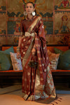 Chocolate Brown Tanchoi Handloom Weaving Satin Saree