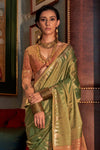 Classy Green Tussar Silk Saree With Ikkat Pallu and Contrast Blouse