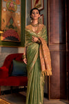 Classy Green Tussar Silk Saree With Ikkat Pallu and Contrast Blouse