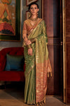 Classy Green Tussar Silk Saree With Ikkat Pallu and Contrast Blouse