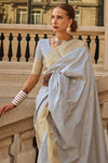 Cloud Grey Khadi South Silk Saree With Motifs