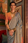 Cloud Grey Tussar Silk Saree With Ikkat Pallu and Contrast Blouse