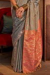 Cloud Grey Tussar Silk Saree With Ikkat Pallu and Contrast Blouse