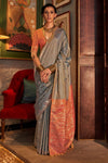 Cloud Grey Tussar Silk Saree With Ikkat Pallu and Contrast Blouse