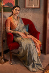 Cloud Grey Tussar Silk Saree With Ikkat Pallu and Contrast Blouse