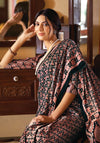 Coffee Brown Ajrakh Printed Satin Saree