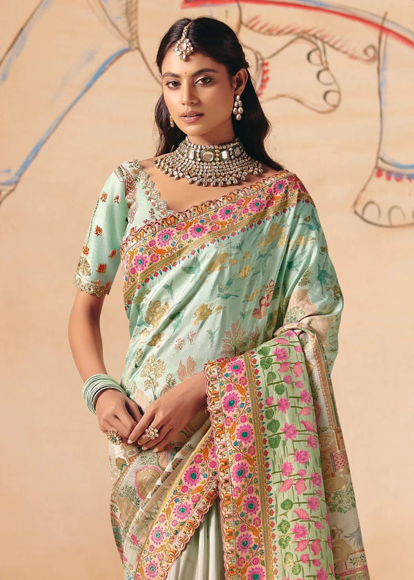 Cool Ice Mint Green Pichwai Designer Dola Silk Saree