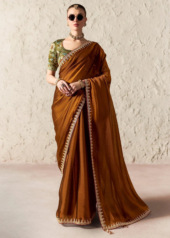 Copper Brown Designer Organza Saree with Olive Green Contrast Blouse