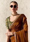 Copper Brown Designer Organza Saree with Olive Green Contrast Blouse