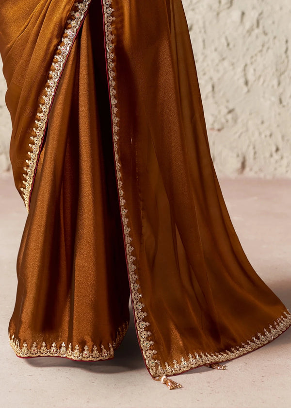 Copper Brown Designer Organza Saree with Olive Green Contrast Blouse