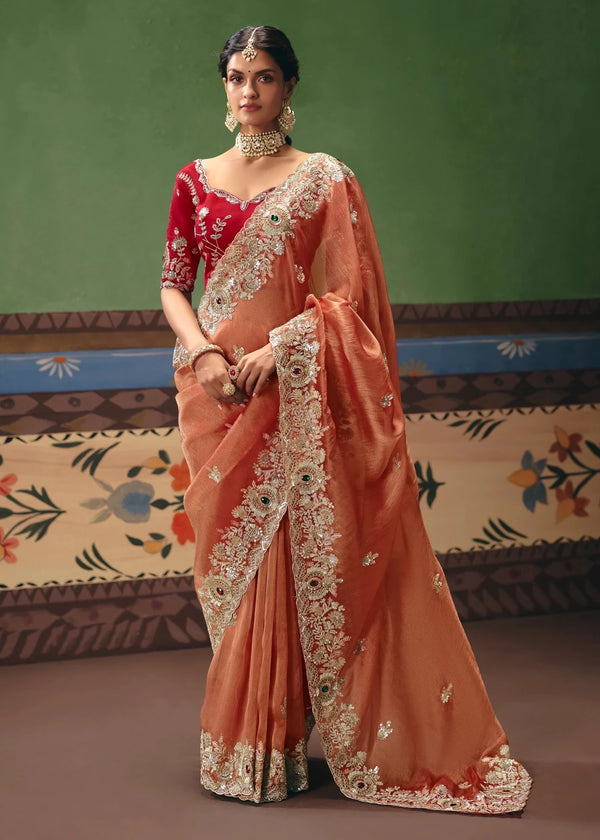 Copper Peach Tissue Silk Saree with Red Contrast Blouse