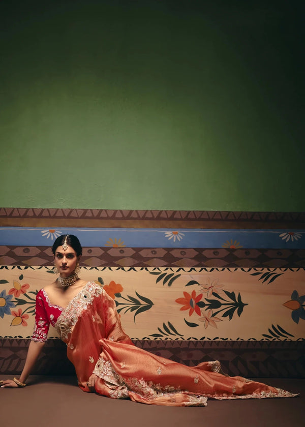 Copper Peach Tissue Silk Saree with Red Contrast Blouse