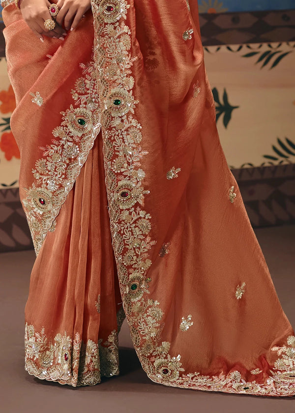 Copper Peach Tissue Silk Saree with Red Contrast Blouse