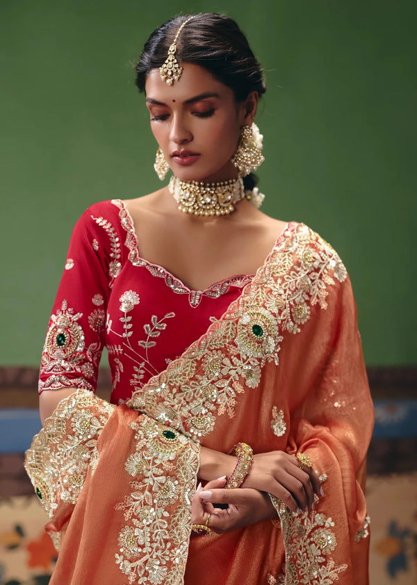 Copper Peach Tissue Silk Saree with Red Contrast Blouse
