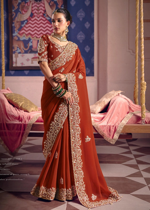 Copper Red Zari Tissue Designer Embroidered Saree