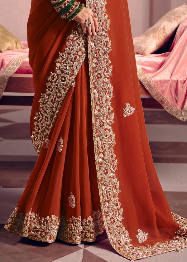 Copper Red Zari Tissue Designer Embroidered Saree