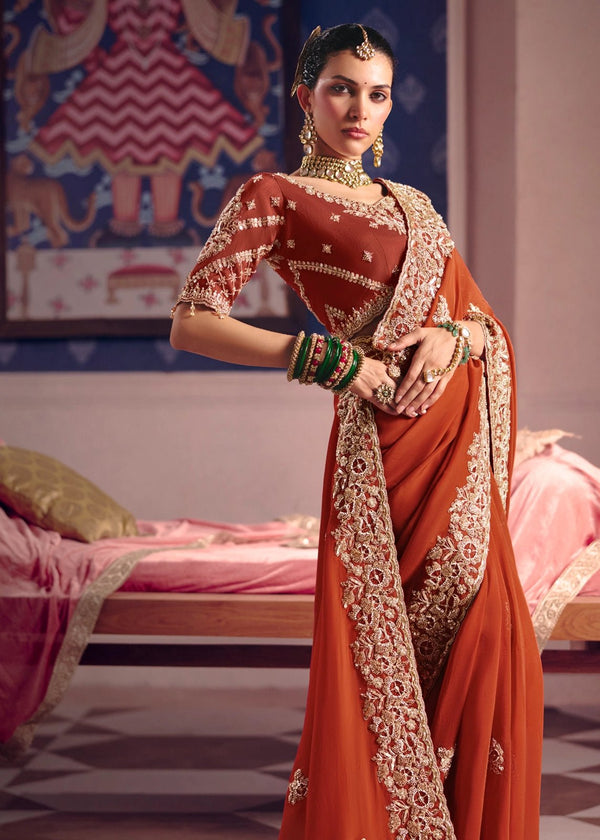 Copper Red Zari Tissue Designer Embroidered Saree