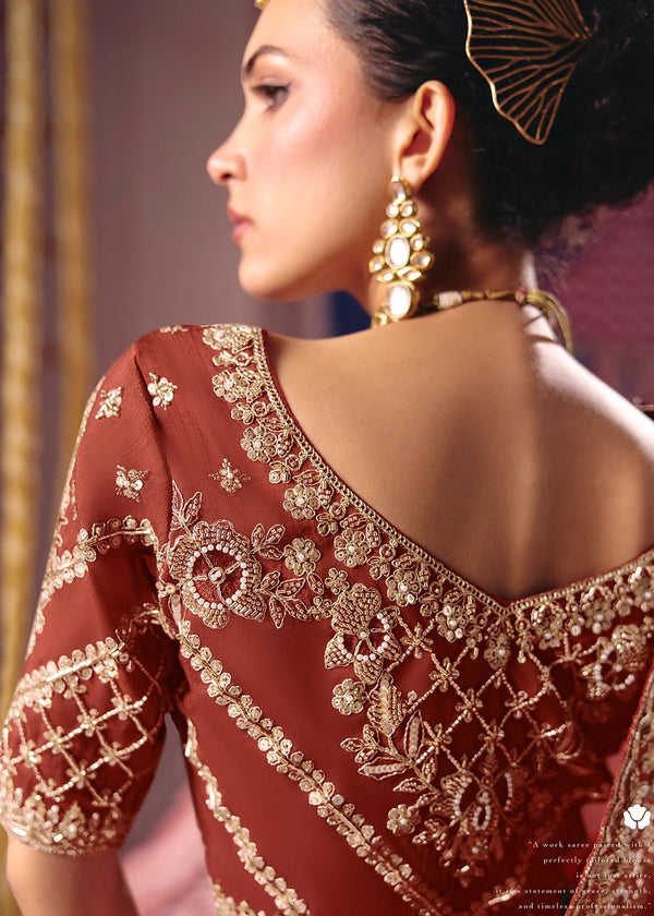 Copper Red Zari Tissue Designer Embroidered Saree