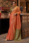 Coral Orange Tussar Silk Saree With Ikkat Pallu and Contrast Blouse