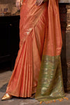 Coral Orange Tussar Silk Saree With Ikkat Pallu and Contrast Blouse