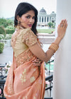 Coral Peach Embroidered Designer Tissue Silk Saree