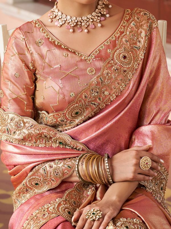 Coral Pink Banarasi Tissue Silk Saree