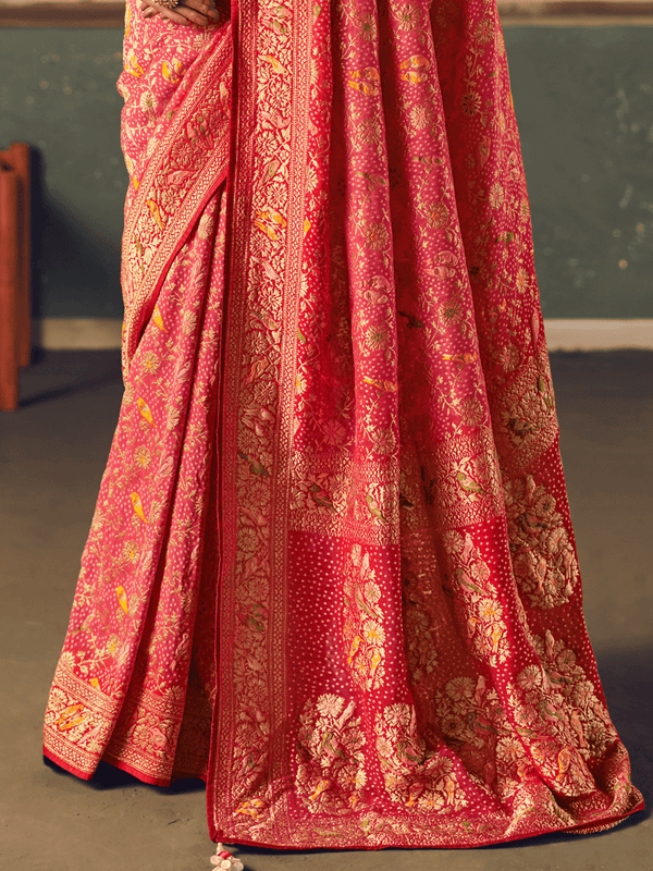 Coral Pink Bandhani Patola Silk Saree
