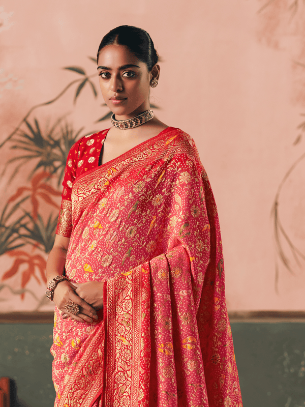 Coral Pink Bandhani Patola Silk Saree