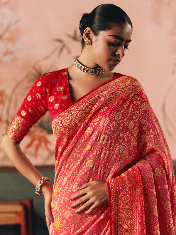 Coral Pink Bandhani Patola Silk Saree