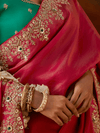 Coral Pink Embroidered Designer Tissue Silk Saree With Contrast Blouse