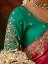 Coral Pink Embroidered Designer Tissue Silk Saree With Contrast Blouse