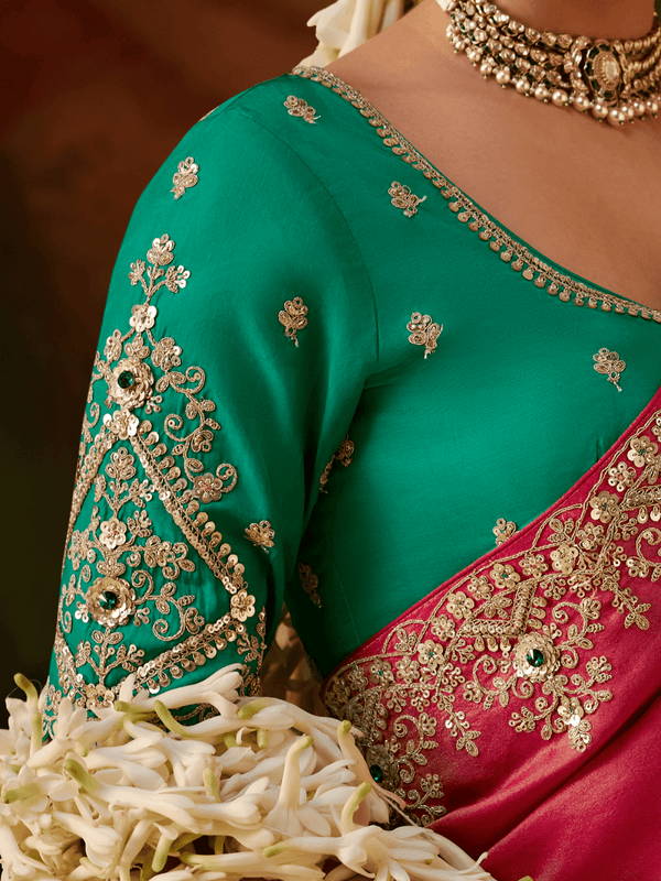 Coral Pink Embroidered Designer Tissue Silk Saree With Contrast Blouse