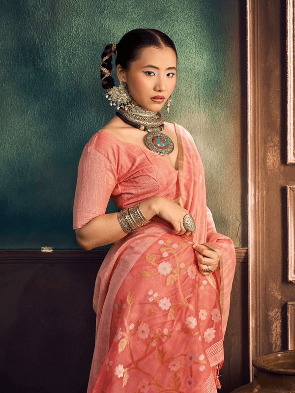 Coral Pink Handloom Jamdani Slub Cotton Saree