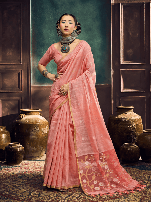 Coral Pink Handloom Jamdani Slub Cotton Saree