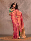 Coral Pink Kanjivaram Two Tone Silk Saree With Contrast Blouse