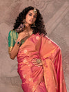 Coral Pink Kanjivaram Two Tone Silk Saree With Contrast Blouse