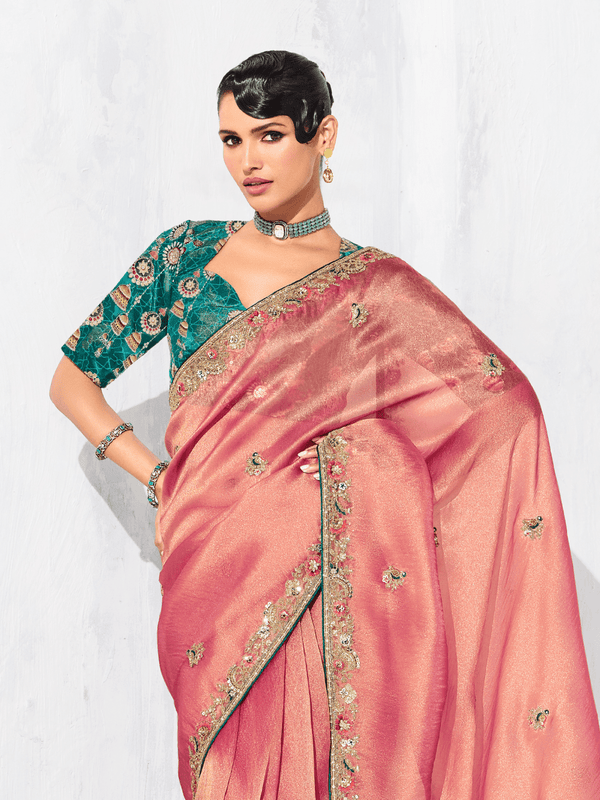 Coral Pink Tissue Silk Saree