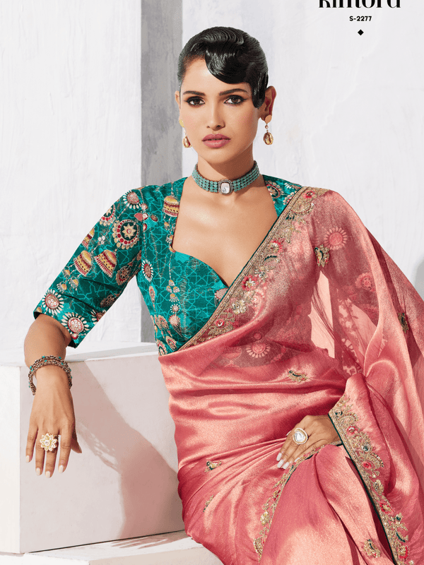 Coral Pink Tissue Silk Saree