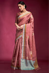 Coral Pink Woven Tussar Silk Saree