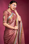 Coral Pink Woven Tussar Silk Saree