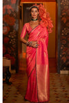 Coral Red Banarasi Silk Saree With Zari Weaving